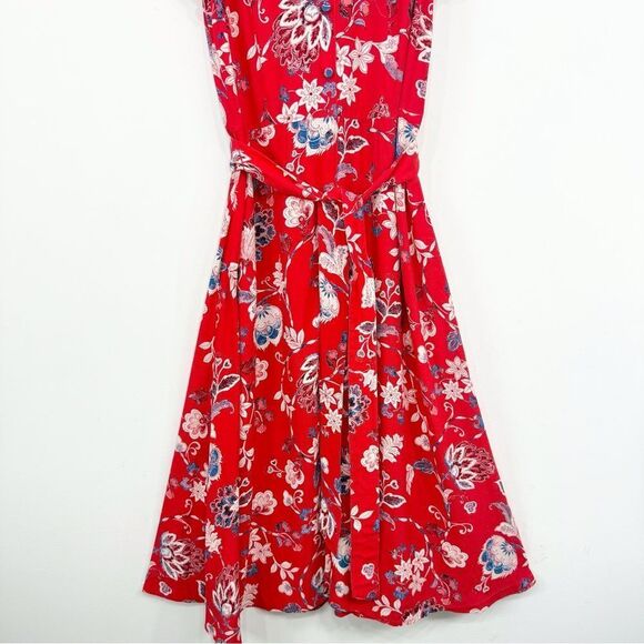 Talbots Red Blue Cream Floral Print V Neck Button Front Sash Waist Dress - Picture 6 of 16